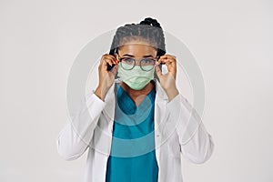 Portrait of african american nurse or doctor woman wearing medical face mask