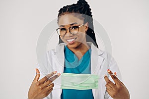 Portrait of african american nurse or doctor woman wearing medical face mask
