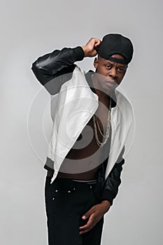 Portrait of african american rapper hip-hop outfit