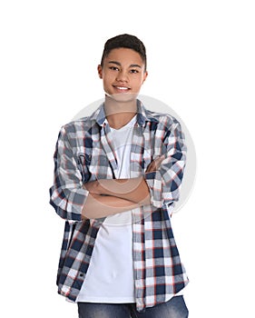 Portrait of African-American teenage boy on white