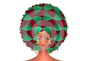 Portrait African American Woman dark skin female face with afro curly hair and earrings, vector isolated. Curly hairstyle beauty