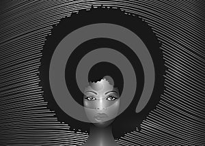 Portrait African American Woman, dark skin female face with beautiful traditional black Afro curly hair style, vector on striped