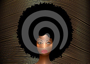 Portrait African American Woman, dark skin female face with beautiful traditional black Afro curly hair style, vector on striped