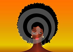 Portrait African American Woman, dark skin female face with beautiful traditional black Afro hair style, vector sunset background