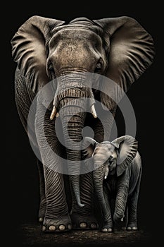 Portrait of an African elephant and its calf. Created with generative AI technology