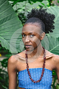Portrait of african girl in blue top in jungle