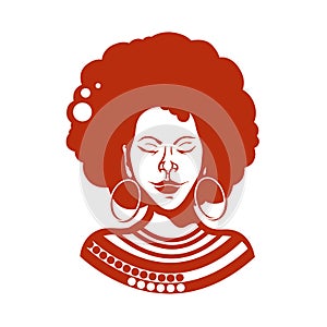 Portrait of an African girl with closed eyes. Haircut, curly hair of medium length. Traditional ornaments.