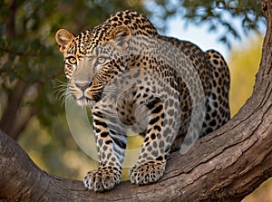Portrait of African leopard on tree