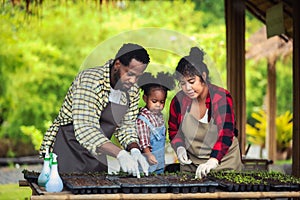 Portrait of African man and wife teaching the children to plant seedlings in greenhouse