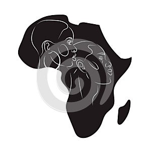 Portrait of an African man and woman on the background of the silhouette of the continent of Africa. Black and white
