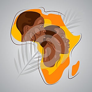 Portrait of an African man and woman on the background of the silhouette of the continent of Africa. Palm branch