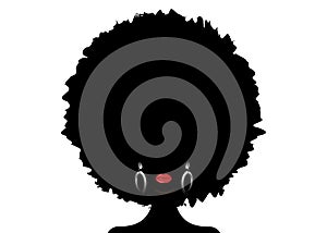 Portrait African Woman silhouette, dark skin female face with afro curly hair and ethnic traditional earrings, vector isolated