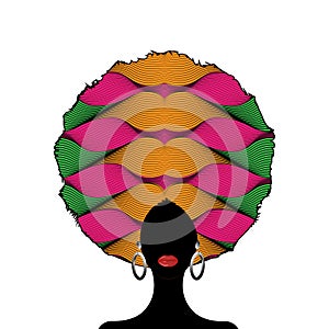 Portrait African Woman silhouette, dark skin female face with afro curly hair and ethnic traditional earrings, vector isolated