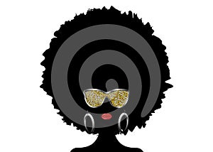 Portrait African Woman silhouette, dark skin female face with afro curly hair and gold metal sunglasses, vector isolated. Curly
