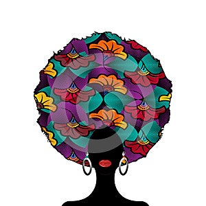Portrait African Woman silhouette, dark skin female face with afro curly hair style and traditional earrings, ethnic Afro turban