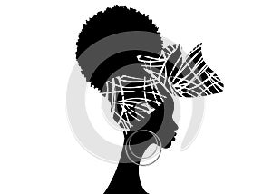 Portrait African woman wears bandana for curly hairstyles. Shenbolen Ankara Headwrap Women. Afro Traditional Headtie Scarf Turban