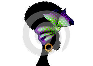 Portrait African woman wears fashion bandana for curly hairstyles. Shenbolen Ankara Headwrap Women. Afro Traditional turban photo