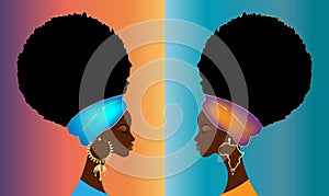 Portrait African women in Afro Curly hair, luxury golden earrings and turban. Beauty fashion template. Vector illustration