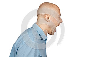 Portrait aggressive bald angry Man boss, screaming at subordinate on an isolated white background