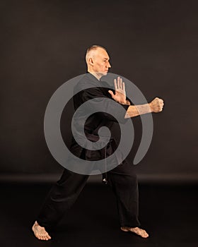 Portrait of aikido sensei master with black sensei belt in taekwondo kimono on black background. Traditional samurai hakama kimono