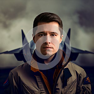 Portrait of air force military pilot with fighter jet plane