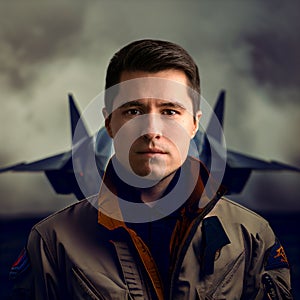 Portrait of air force military pilot with fighter jet plane photo