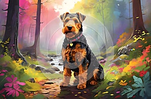 A portrait of Airedale Terrier dog in the colorful forest