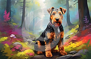 A portrait of Airedale Terrier dog in the colorful forest