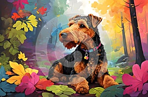 A portrait of Airedale Terrier dog in the colorful forest