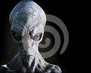 Portrait of an alien male extraterrestrial on a dark background with room for text or copy space. photo