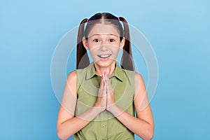 Portrait of amazed funny girl arms palms plead toothy smile look camera isolated on blue color background