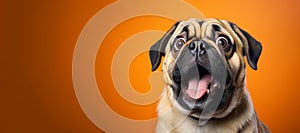 Portrait of amazed Pug Dog isolated on orange background with plenty of copy space. Funny pet concept