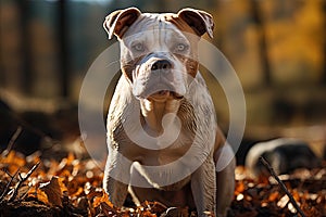 Portrait of a American Bulldog on a nature, close up photo, neutral light. Ai art