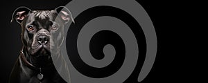 Portrait of an American Pit Bull Terrier dog isolated on black background banner with copy space