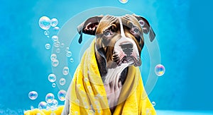 Portrait american staffordshire dog ready to take a a shower wrapped with a yellow towel, generative Ai