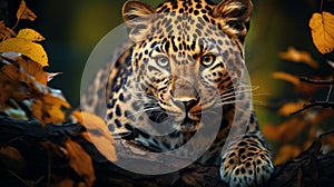 Portrait of an Amur leopard in nature. Ai generated