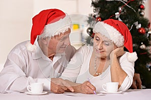 Portrait of amusing old couple wearing Christmas holiday caps with cups of tea