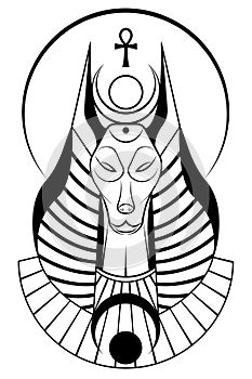 Portrait of Ancient Egyptian god Anubis. Deity with canine head. God of death logo tattoo. Ancient Egyptian God in black and white