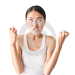 Portrait of angry asian woman isolated on white background