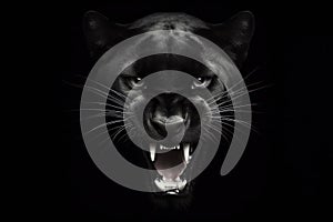 Portrait of a angry black panther with open mouth on a black background. ai generative