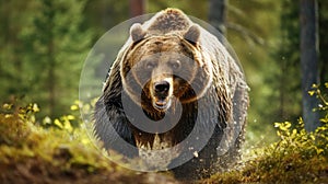 Portrait of an angry brown bear in a forest