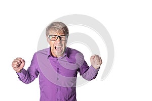 Portrait of a angry man with glasses staring at camera, and shouting over white background