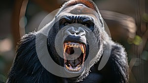 Portrait of angry mountain gorilla male showing teeth