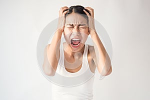 Portrait of angry pensive mad crazy asian woman screaming out expression, facial photo