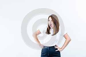 Portrait of angry pensive mad crazy stress beautiful young caucasian woman screaming out isolated on white background. Negative Hu