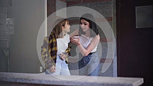 Portrait of angry teenage girl threatening classmate showing social media on smartphone. Aggressive Caucasian girl