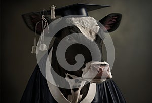 Portrait of animal crossing illustration cow wearing graduation gown