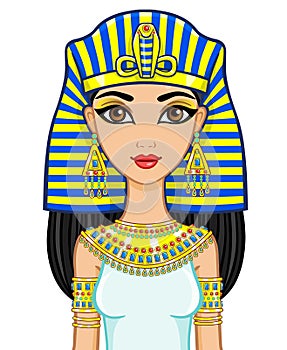 Portrait of the animation Egyptian princess in gold jewelry. Queen Cleopatra.