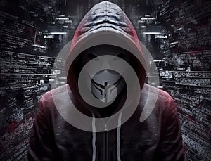 Portrait of anonymous hacker. Concept of hacking cybersecurity, cybercrime, cyberattack, etc