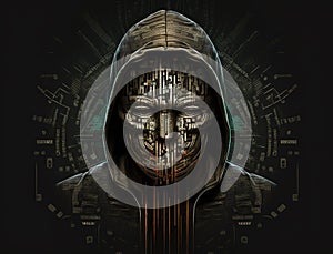 Portrait of anonymous robot hacker. Concept of hacking cybersecurity, cybercrime, cyberattack, etc